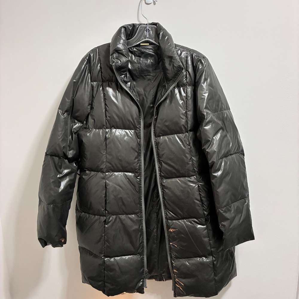 Michael Kors Womens Black Shiny Quilted Puffer Jacket Parka L Large MK Logo